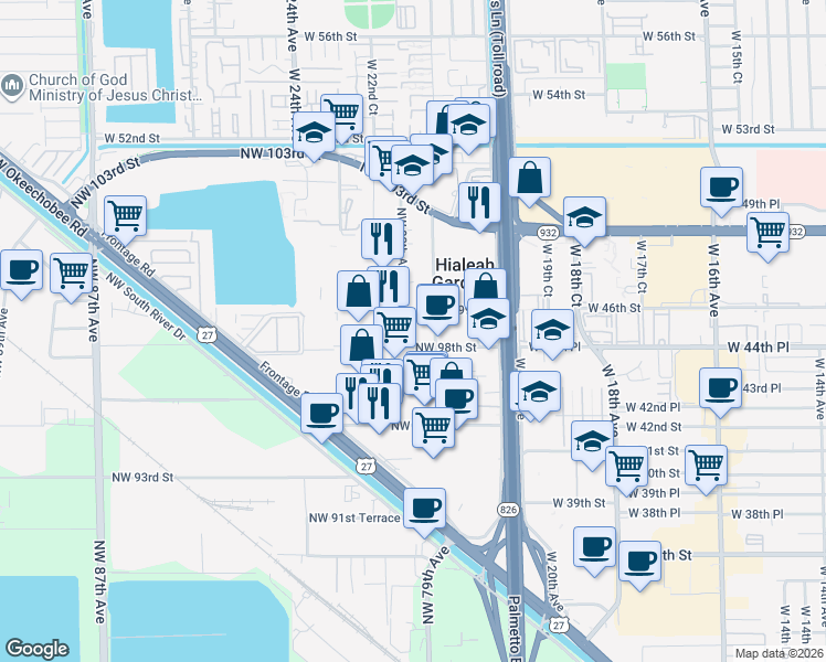 map of restaurants, bars, coffee shops, grocery stores, and more near 9801 Northwest 80th Avenue in Hialeah