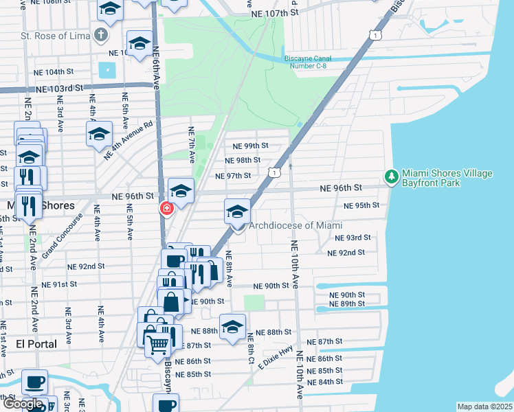 map of restaurants, bars, coffee shops, grocery stores, and more near 905 Northeast 95th Street in Miami Shores