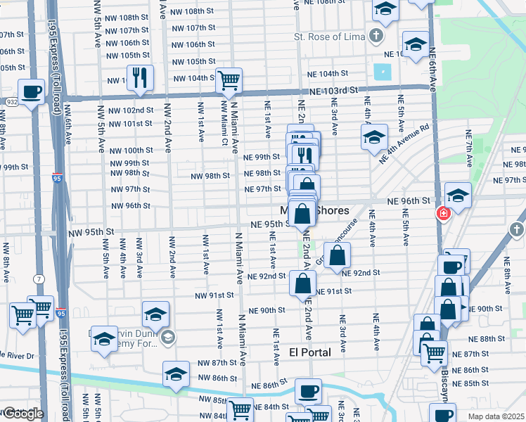 map of restaurants, bars, coffee shops, grocery stores, and more near 70 Northeast 96th Street in Miami Shores