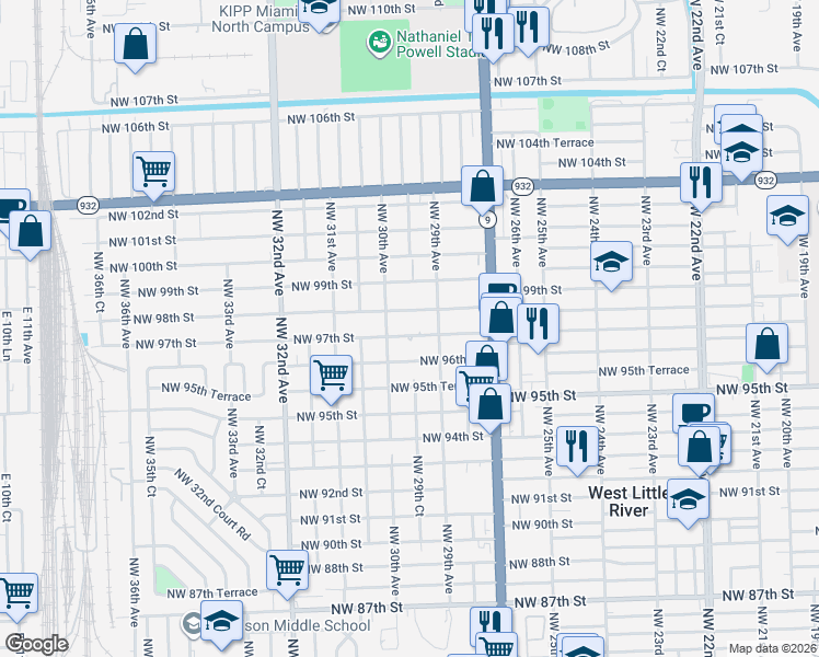 map of restaurants, bars, coffee shops, grocery stores, and more near 2955 NW 97th St in Miami