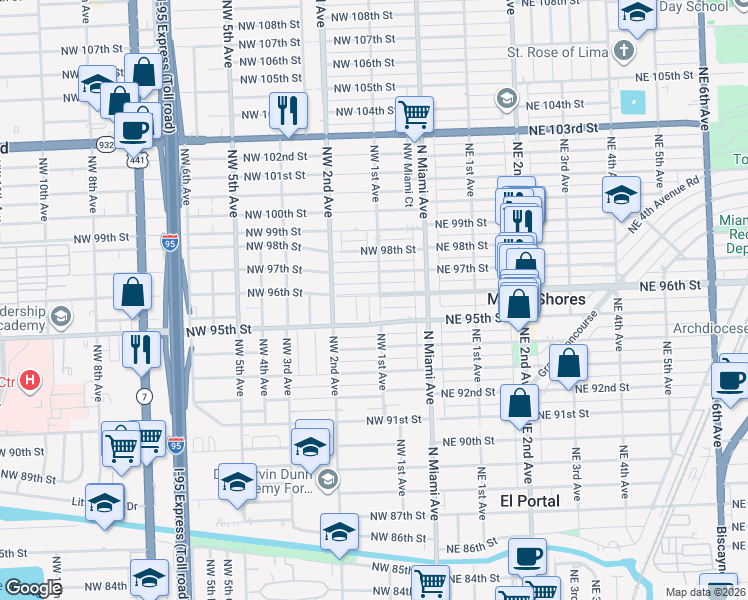 map of restaurants, bars, coffee shops, grocery stores, and more near 148 Northwest 96th Street in Miami Shores