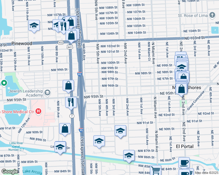 map of restaurants, bars, coffee shops, grocery stores, and more near 326 Northwest 96th Street in Miami