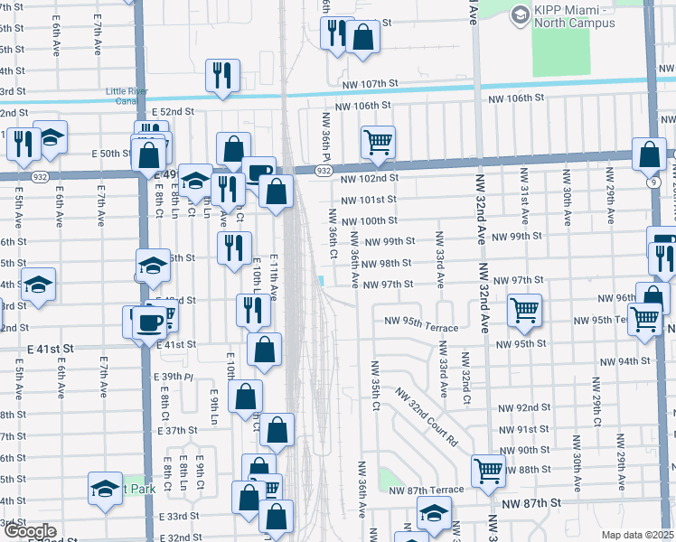map of restaurants, bars, coffee shops, grocery stores, and more near 3646 Northwest 98th Street in Miami