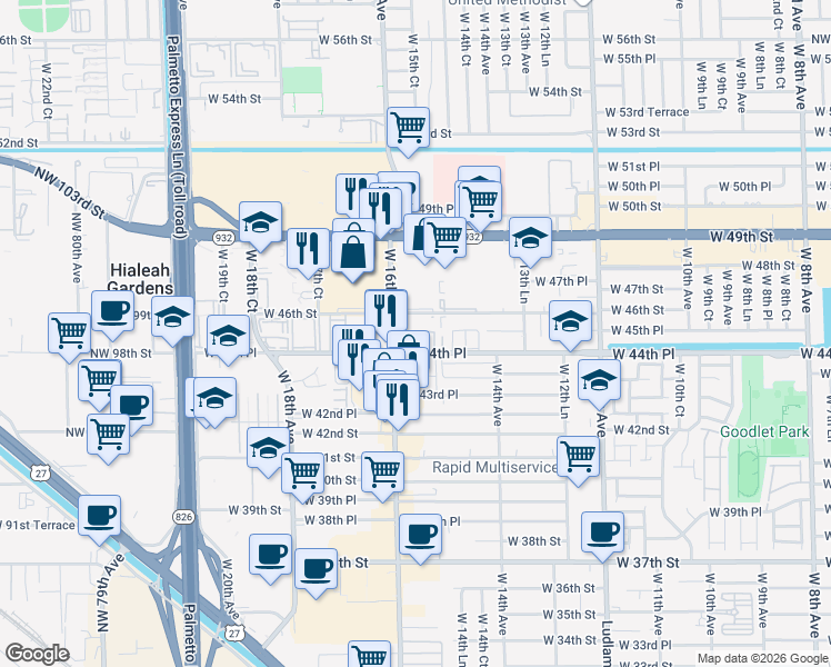 map of restaurants, bars, coffee shops, grocery stores, and more near 4445 West 16th Avenue in Hialeah