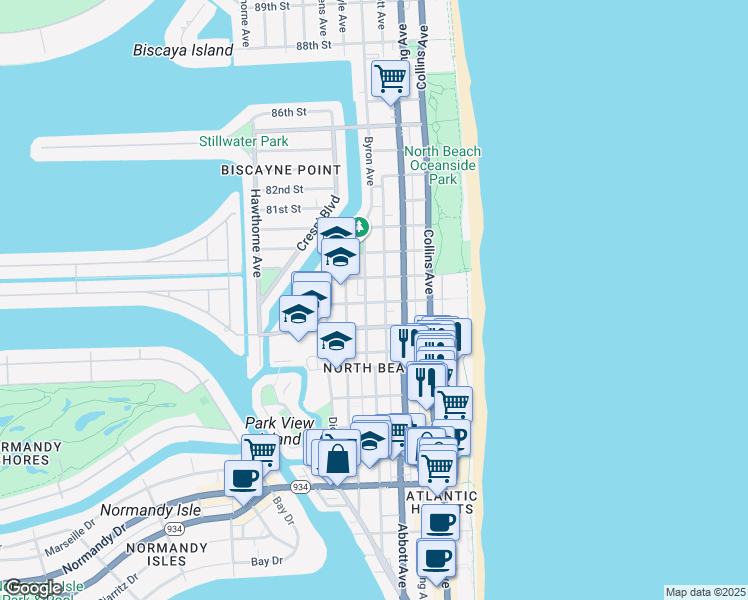 map of restaurants, bars, coffee shops, grocery stores, and more near 7742 Byron Avenue in Miami Beach