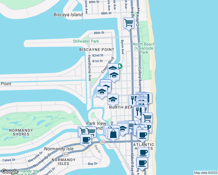 map of restaurants, bars, coffee shops, grocery stores, and more near 630 78th Street in Miami Beach