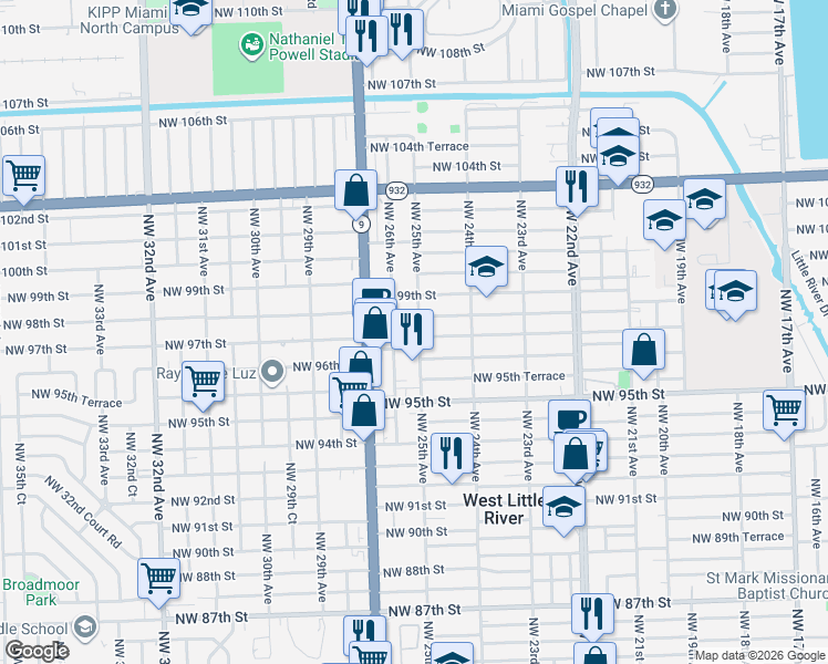 map of restaurants, bars, coffee shops, grocery stores, and more near 9725 Northwest 26th Avenue in Miami