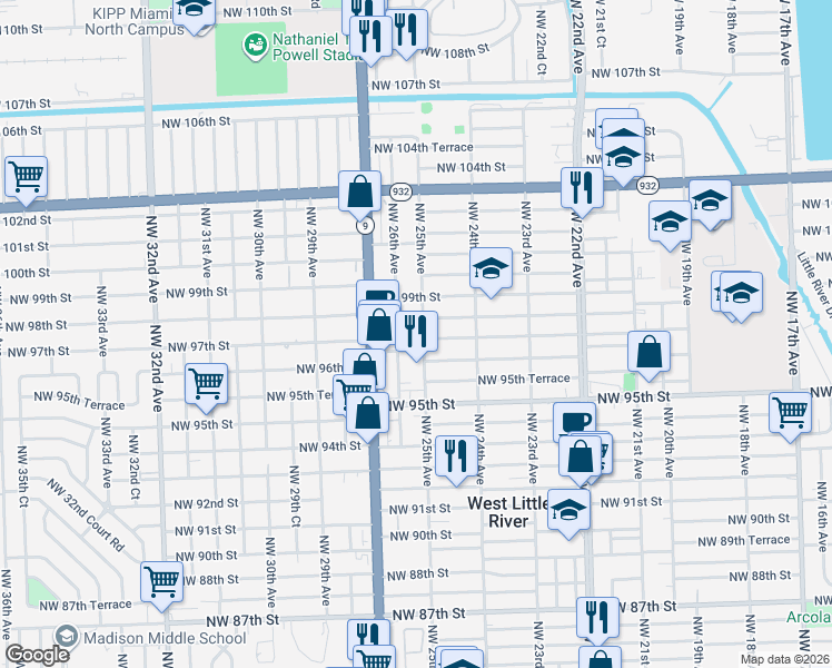 map of restaurants, bars, coffee shops, grocery stores, and more near 9725 Northwest 26th Avenue in Miami