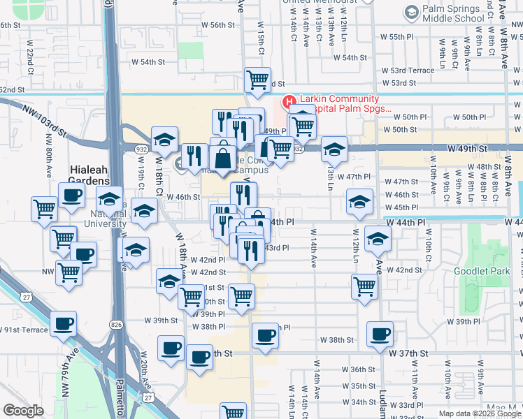 map of restaurants, bars, coffee shops, grocery stores, and more near 4445 West 16th Avenue in Hialeah