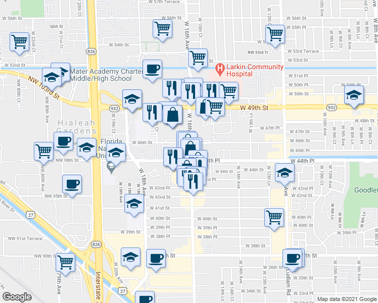 map of restaurants, bars, coffee shops, grocery stores, and more near 4445 West 16th Avenue in Hialeah