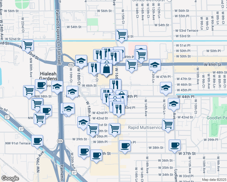 map of restaurants, bars, coffee shops, grocery stores, and more near 1639 West 44th Place in Hialeah