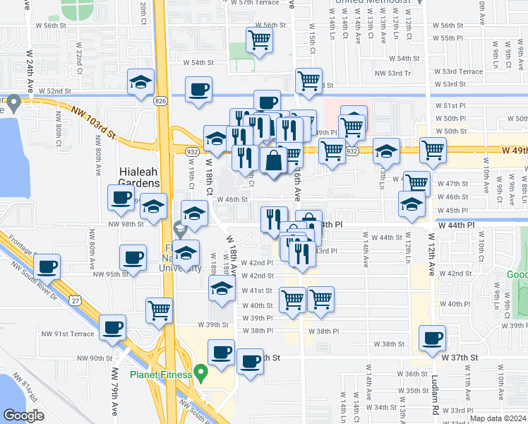 map of restaurants, bars, coffee shops, grocery stores, and more near 439 West 17th Court in Hialeah