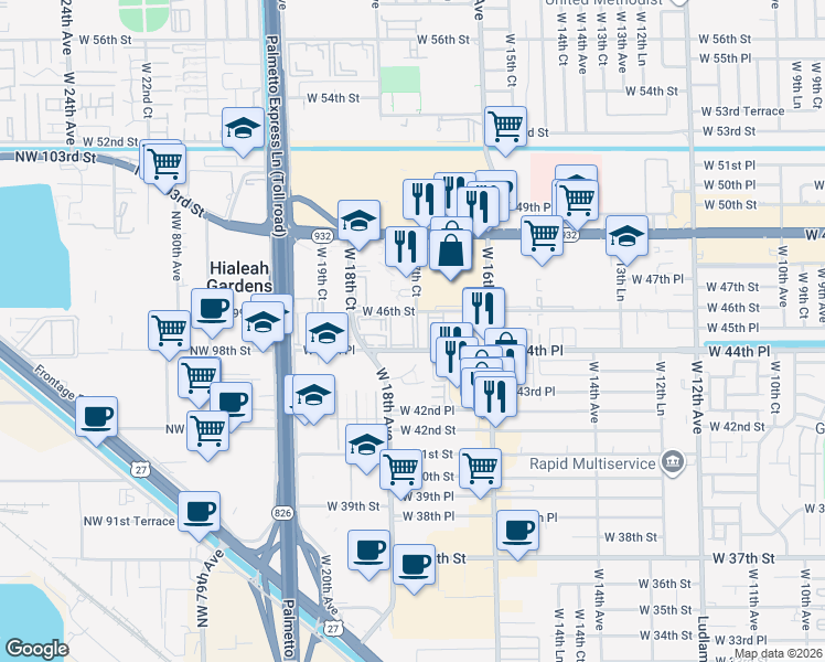 map of restaurants, bars, coffee shops, grocery stores, and more near 439 West 17th Court in Hialeah