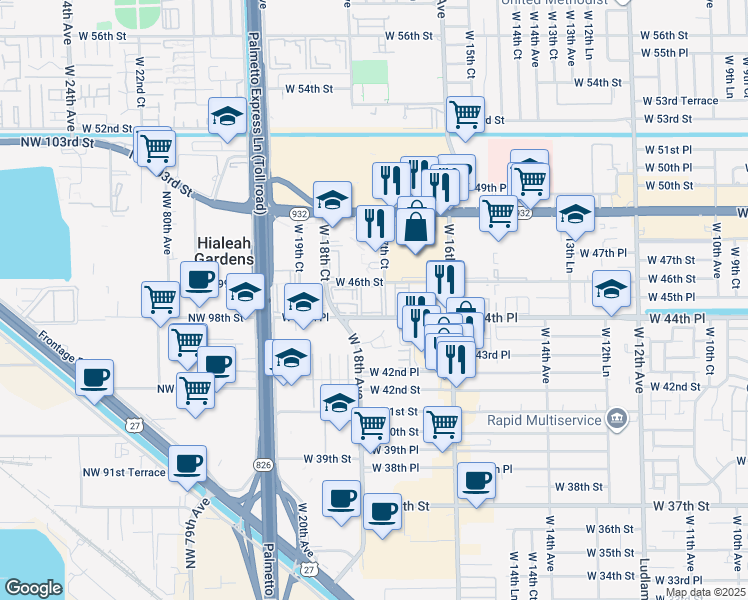 map of restaurants, bars, coffee shops, grocery stores, and more near 439 West 17th Court in Hialeah