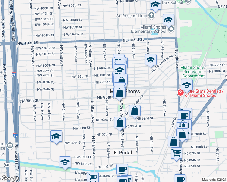 map of restaurants, bars, coffee shops, grocery stores, and more near 136 Northeast 96th Street in Miami Shores
