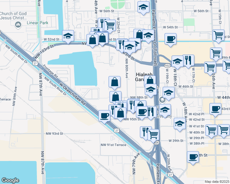 map of restaurants, bars, coffee shops, grocery stores, and more near 9802 Northwest 80th Avenue in Hialeah Gardens