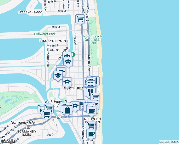 map of restaurants, bars, coffee shops, grocery stores, and more near Collins Avenue in Miami-Dade County