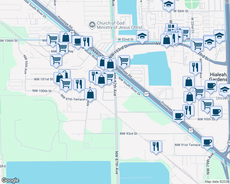 map of restaurants, bars, coffee shops, grocery stores, and more near 10003 Northwest 87th Avenue in Hialeah
