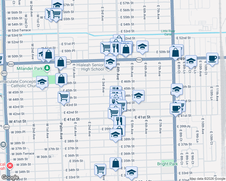 map of restaurants, bars, coffee shops, grocery stores, and more near 350 East 45th Street in Hialeah