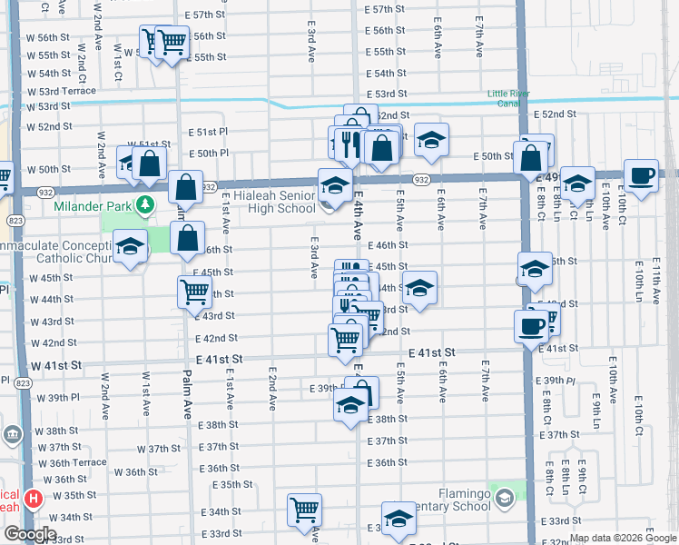 map of restaurants, bars, coffee shops, grocery stores, and more near 350 East 45th Street in Hialeah