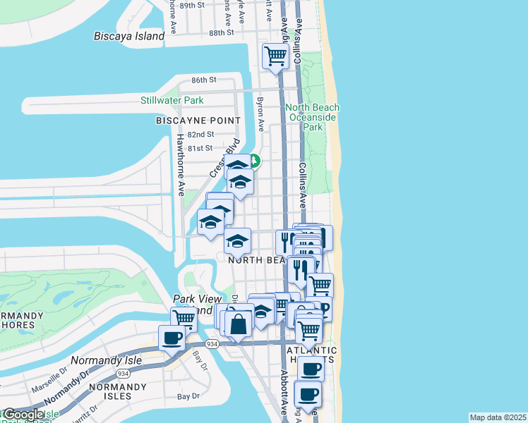 map of restaurants, bars, coffee shops, grocery stores, and more near 7742 Byron Avenue in Miami Beach