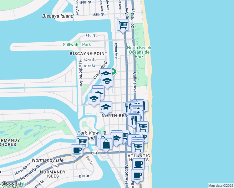 map of restaurants, bars, coffee shops, grocery stores, and more near 7742 Byron Avenue in Miami Beach