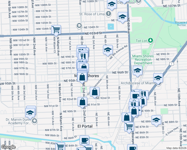 map of restaurants, bars, coffee shops, grocery stores, and more near 284 Northeast 96th Street in Miami Shores