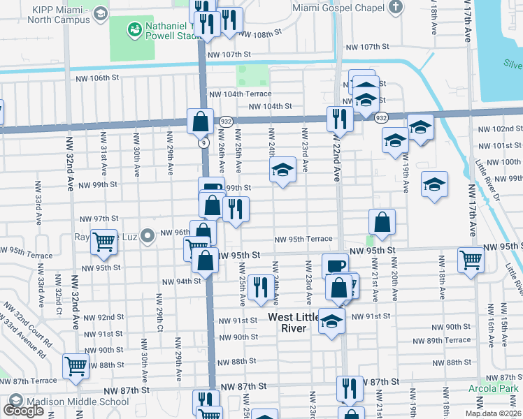 map of restaurants, bars, coffee shops, grocery stores, and more near 2459 Northwest 97th Street in Miami
