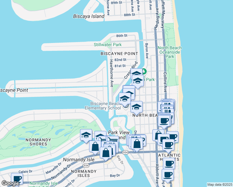 map of restaurants, bars, coffee shops, grocery stores, and more near 7805 Crespi Boulevard in Miami Beach