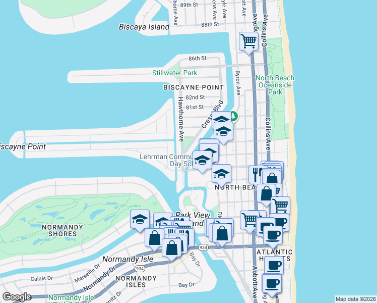 map of restaurants, bars, coffee shops, grocery stores, and more near 7805 Crespi Boulevard in Miami Beach