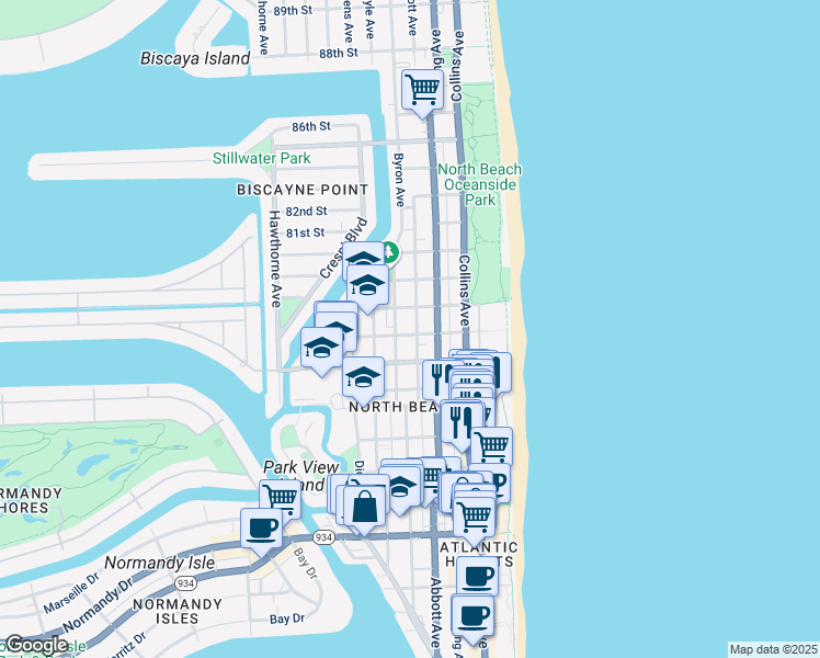 map of restaurants, bars, coffee shops, grocery stores, and more near 7742 Byron Avenue in Miami Beach