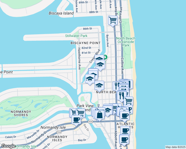 map of restaurants, bars, coffee shops, grocery stores, and more near 630 78th Street in Miami Beach