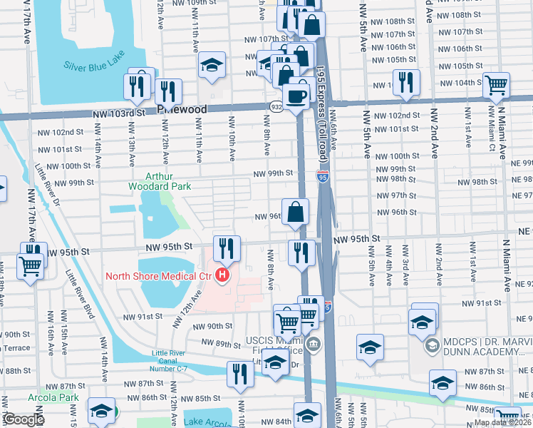 map of restaurants, bars, coffee shops, grocery stores, and more near 830 Northwest 96th Street in Miami