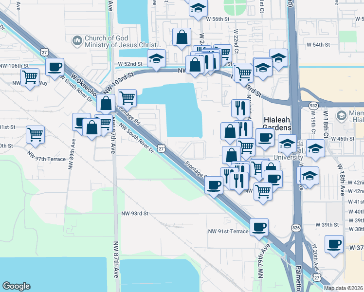 map of restaurants, bars, coffee shops, grocery stores, and more near 9811 West Okeechobee Road in Hialeah
