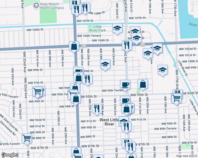 map of restaurants, bars, coffee shops, grocery stores, and more near 9651 Northwest 24th Avenue in Miami