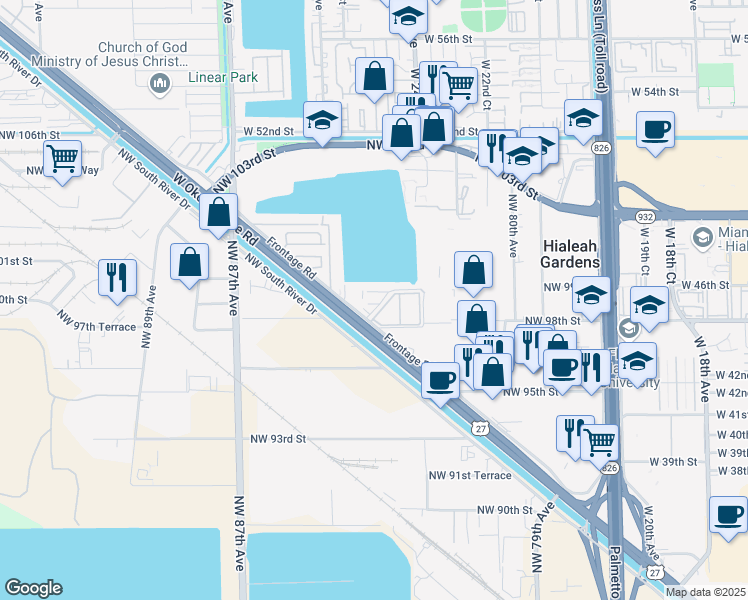 map of restaurants, bars, coffee shops, grocery stores, and more near 9837 West Okeechobee Road in Hialeah
