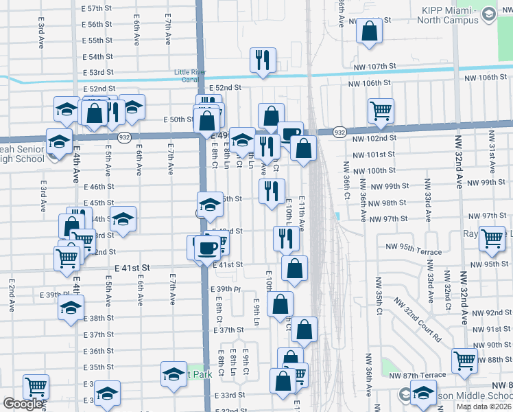 map of restaurants, bars, coffee shops, grocery stores, and more near 4409 East 9th Lane in Hialeah