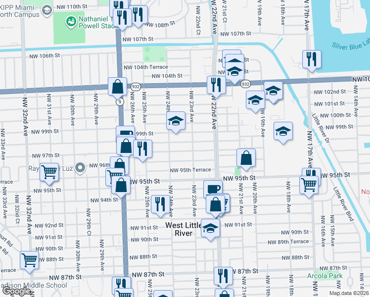 map of restaurants, bars, coffee shops, grocery stores, and more near 2300 Northwest 97th Street in Miami