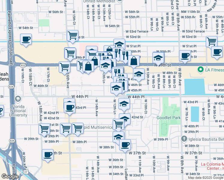 map of restaurants, bars, coffee shops, grocery stores, and more near 1280 West 46th Street in Hialeah