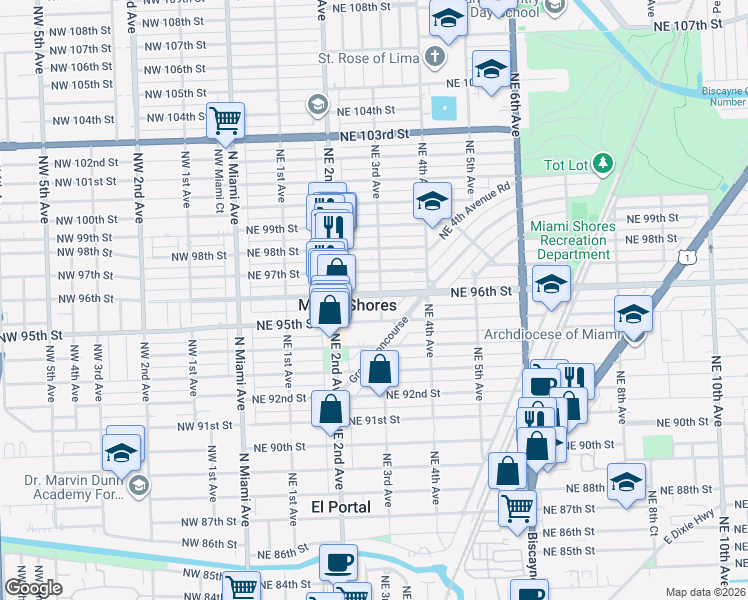 map of restaurants, bars, coffee shops, grocery stores, and more near 284 Northeast 96th Street in Miami Shores