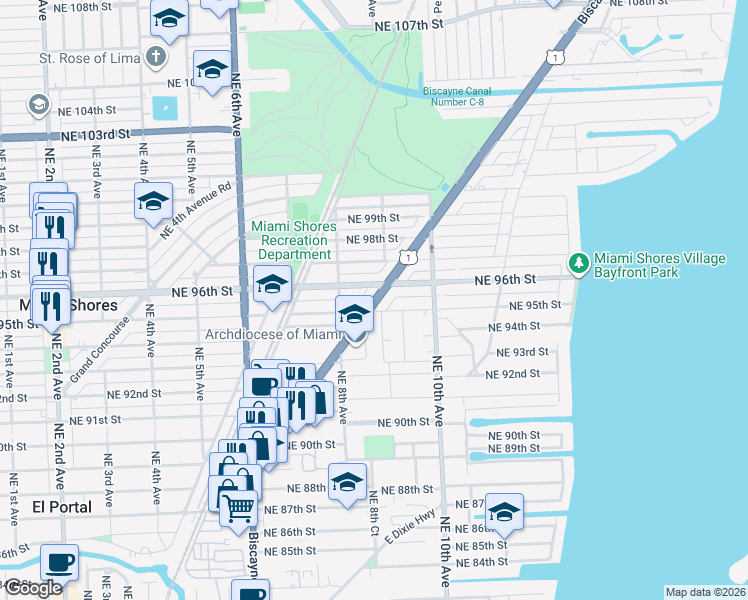 map of restaurants, bars, coffee shops, grocery stores, and more near 905 Northeast 95th Street in Miami Shores