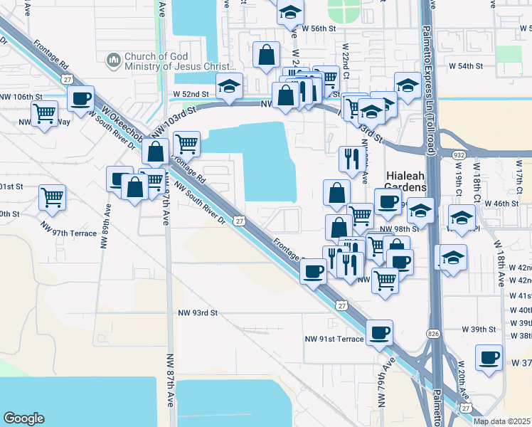 map of restaurants, bars, coffee shops, grocery stores, and more near 9837 West Okeechobee Road in Hialeah Gardens