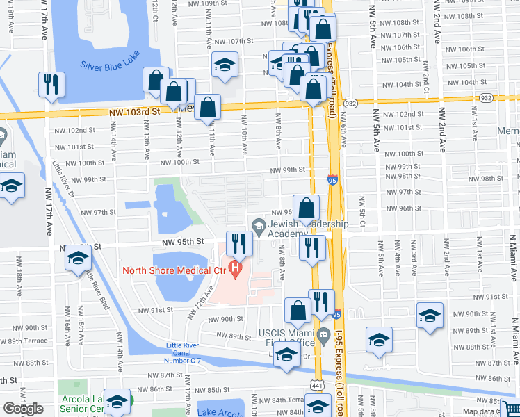 map of restaurants, bars, coffee shops, grocery stores, and more near 901 Northwest 96th Street in Miami
