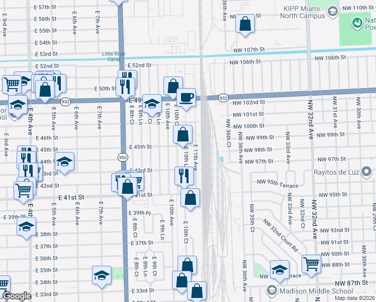 map of restaurants, bars, coffee shops, grocery stores, and more near 4335-4457 E 11th Ave in Hialeah