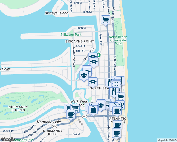 map of restaurants, bars, coffee shops, grocery stores, and more near 630 78th Street in Miami Beach
