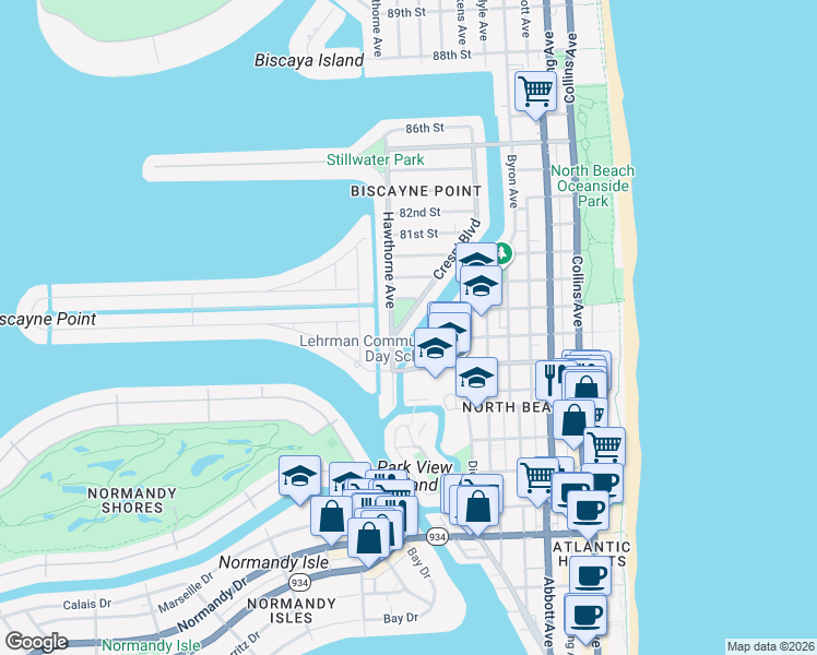 map of restaurants, bars, coffee shops, grocery stores, and more near 7757 Hawthorne Avenue in Miami Beach
