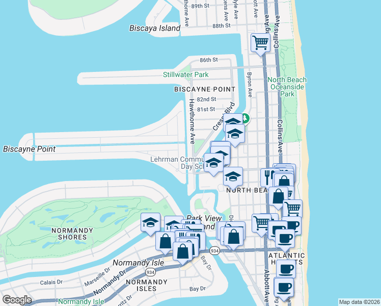 map of restaurants, bars, coffee shops, grocery stores, and more near 7757 Hawthorne Avenue in Miami Beach