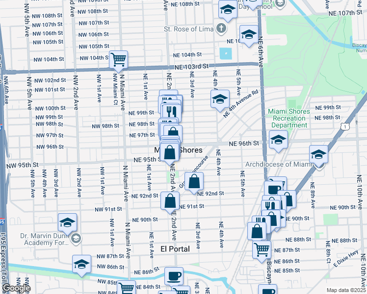 map of restaurants, bars, coffee shops, grocery stores, and more near in Miami Shores