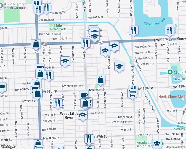 map of restaurants, bars, coffee shops, grocery stores, and more near 2160 Northwest 97th Street in Miami