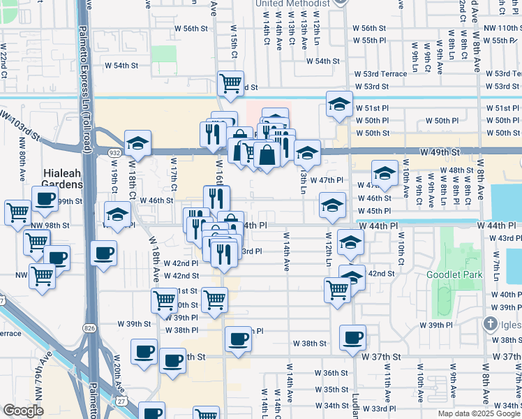 map of restaurants, bars, coffee shops, grocery stores, and more near 1555 West 44th Place in Hialeah